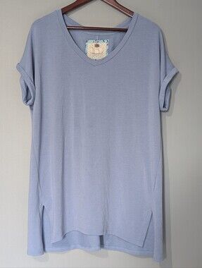 Cupio Women's Casual V-Neck Short Sleeve Top Light Blue Side Slits Soft Girl